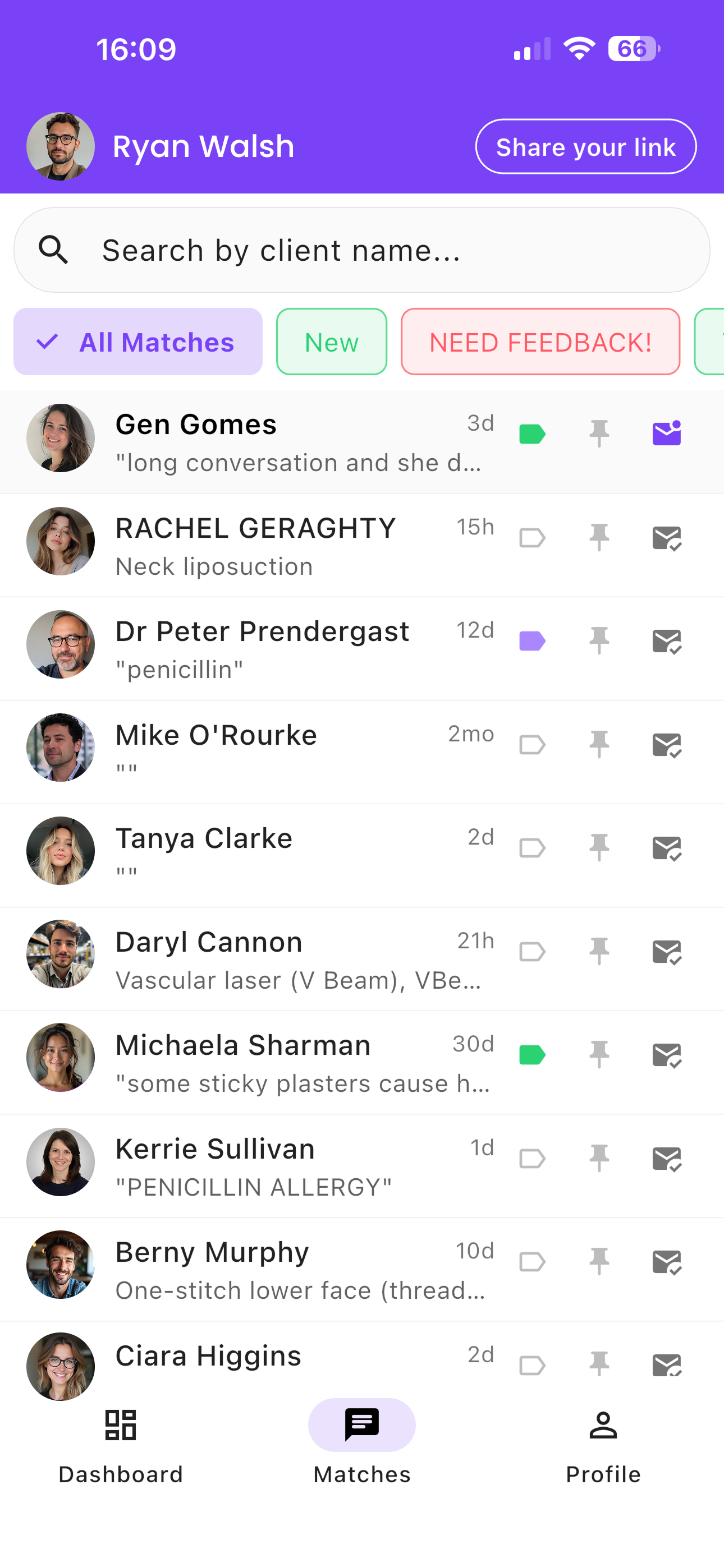 Patient enquires — MeTime matches screen